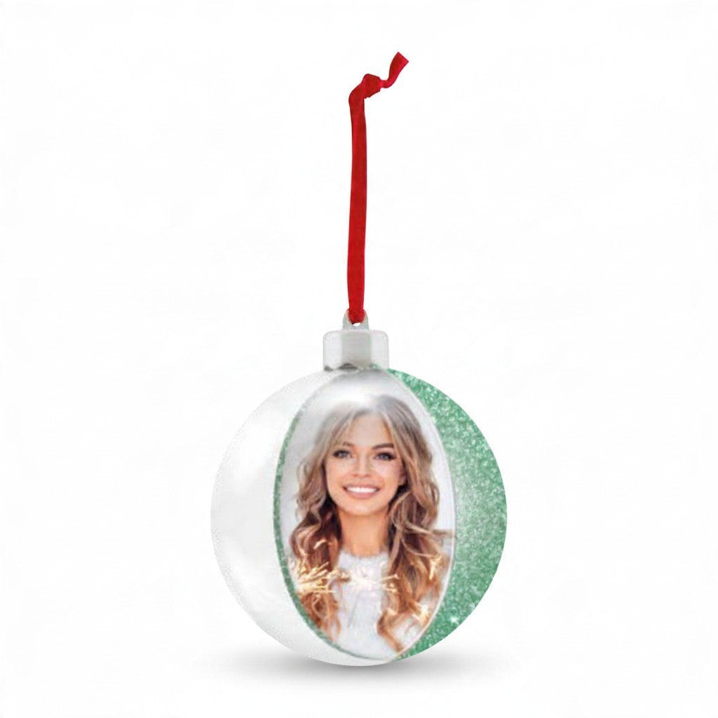 Pallina di Natale FotoGrafica personalizzabile con foto, decorazione verde glitterata a forma di fiocco di neve