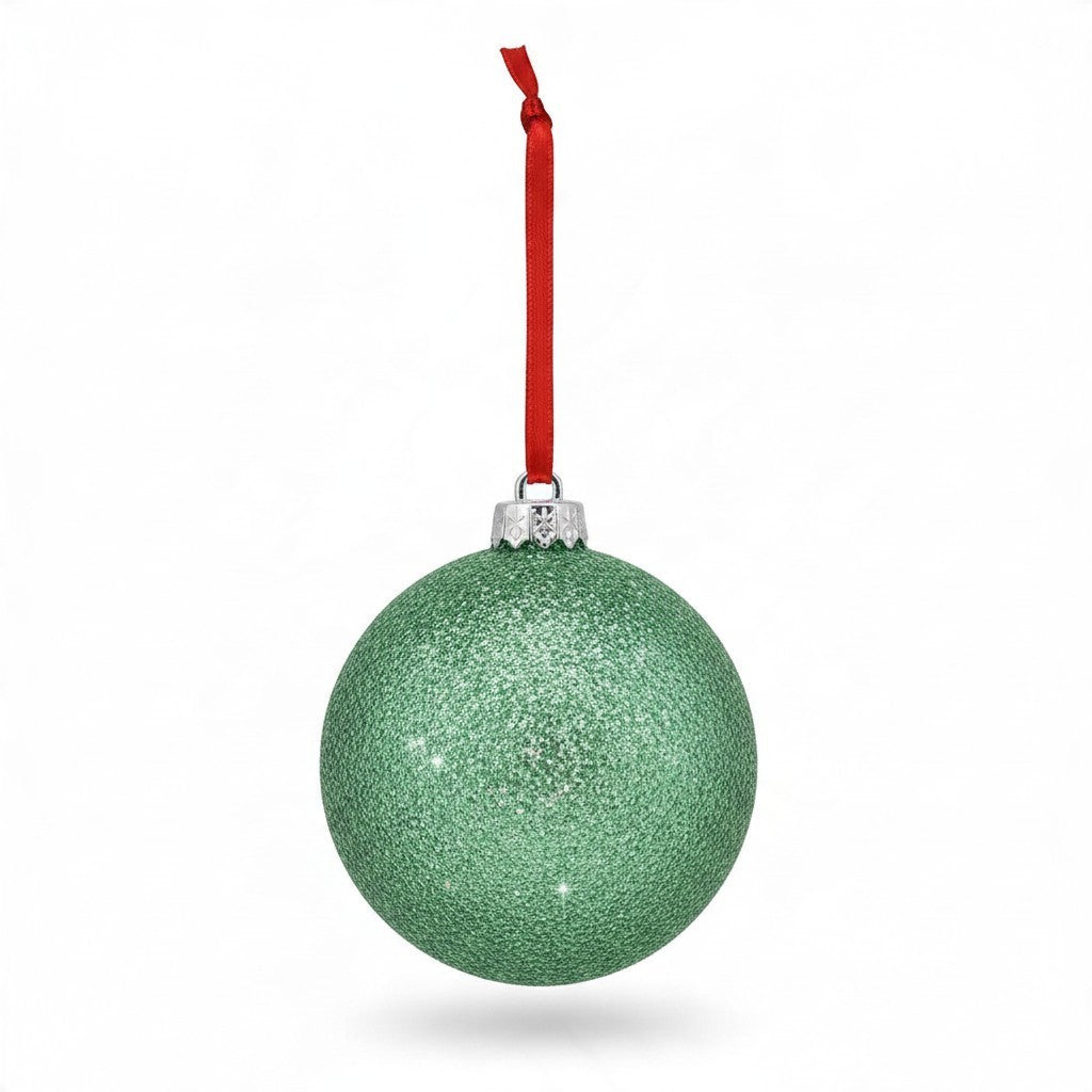 Pallina di Natale FotoGrafica verde glitterata con nastro rosso per albero di Natale personalizzabile 10x10 cm