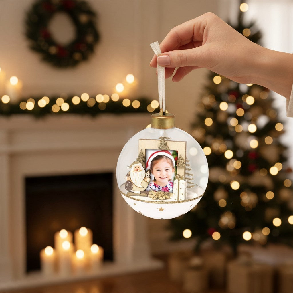 Pallina natalizia FotoGrafica in legno con portafoto interno e decorazioni di Babbo Natale per albero di Natale