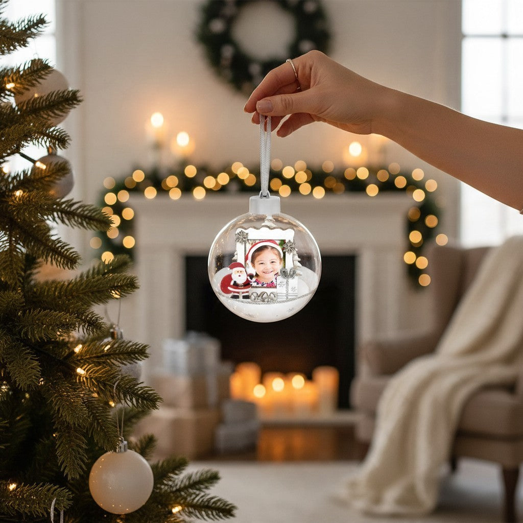 Pallina natalizia portafoto FotoGrafica in legno con foto personalizzata e scena di Babbo Natale appesa all'albero