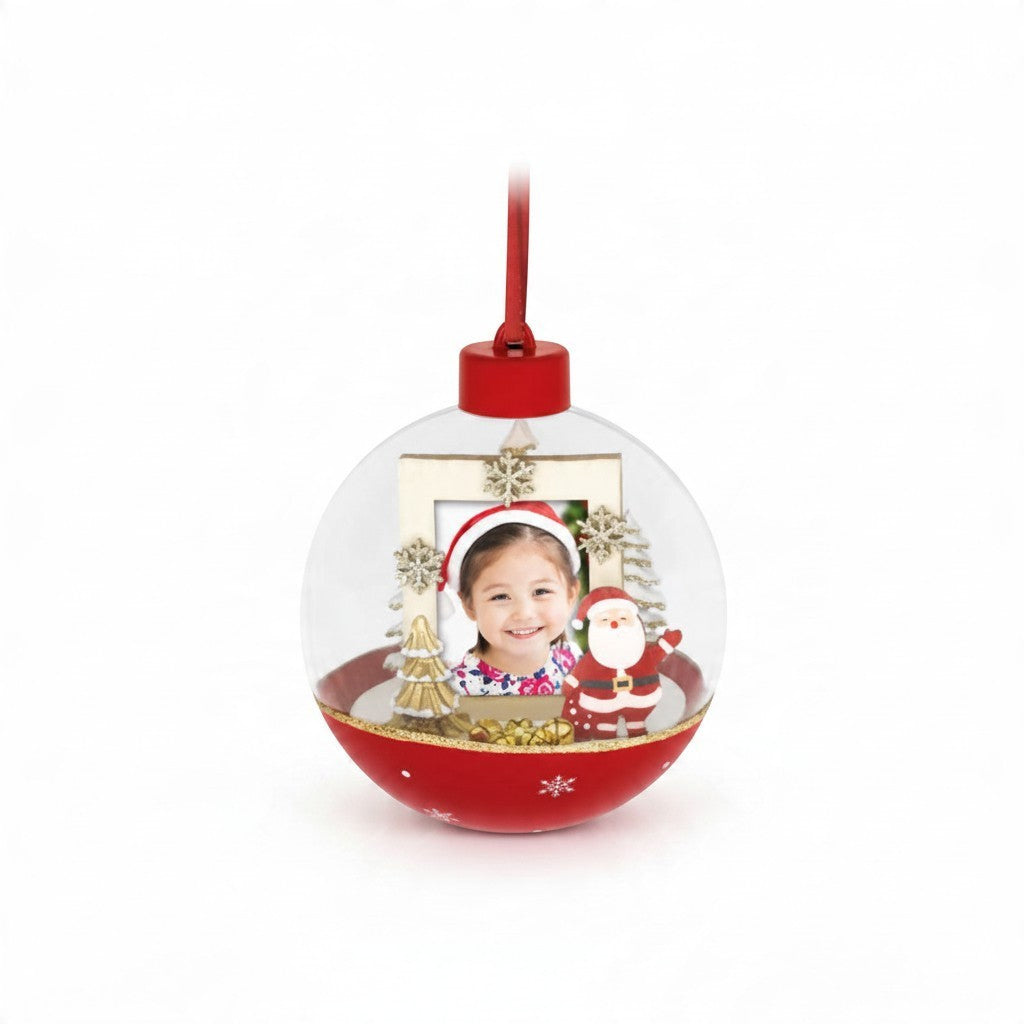 Pallina natalizia portafoto FotoGrafica in legno con decorazioni di Babbo Natale e alberi, ideale per albero di Natale