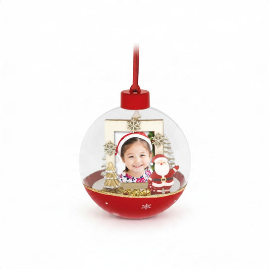 Pallina natalizia portafoto FotoGrafica in legno con decorazioni di Babbo Natale e alberi, ideale per albero di Natale