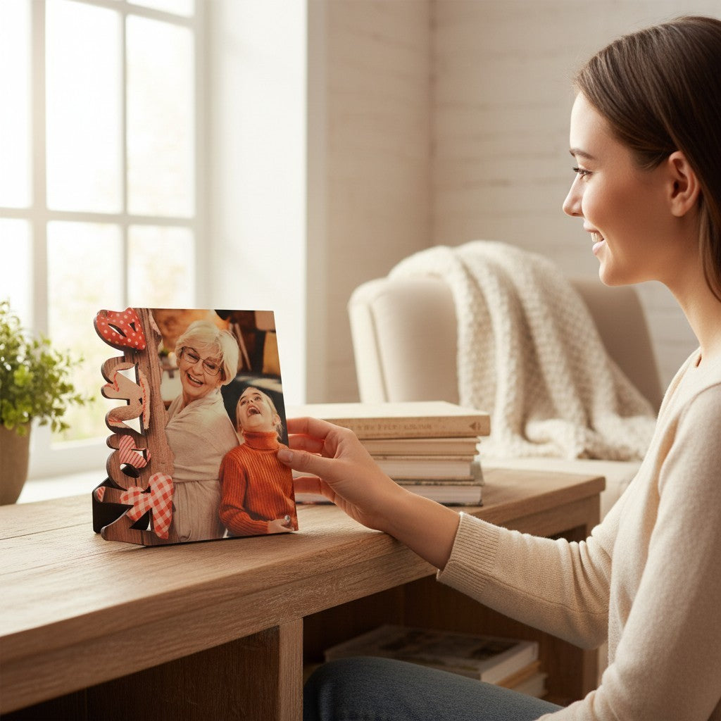 Donna sorridente che tiene un pannello fotografico personalizzato FotoGrafica con dedica per i nonni su tavolo