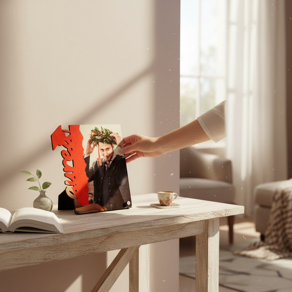 Pannello fotografico personalizzato FotoGrafica per laurea con stampa di un laureato, design in legno rosso e bianco