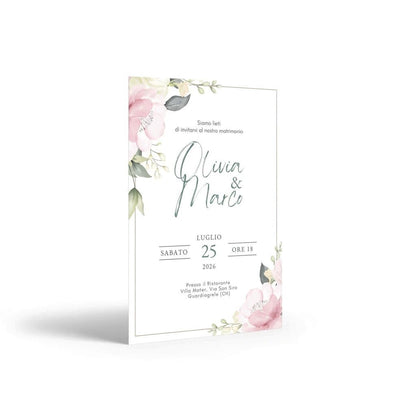 Partecipazione di matrimonio FotoGrafica con fiori acquerello rosa e dettagli eleganti per 50 invitati
