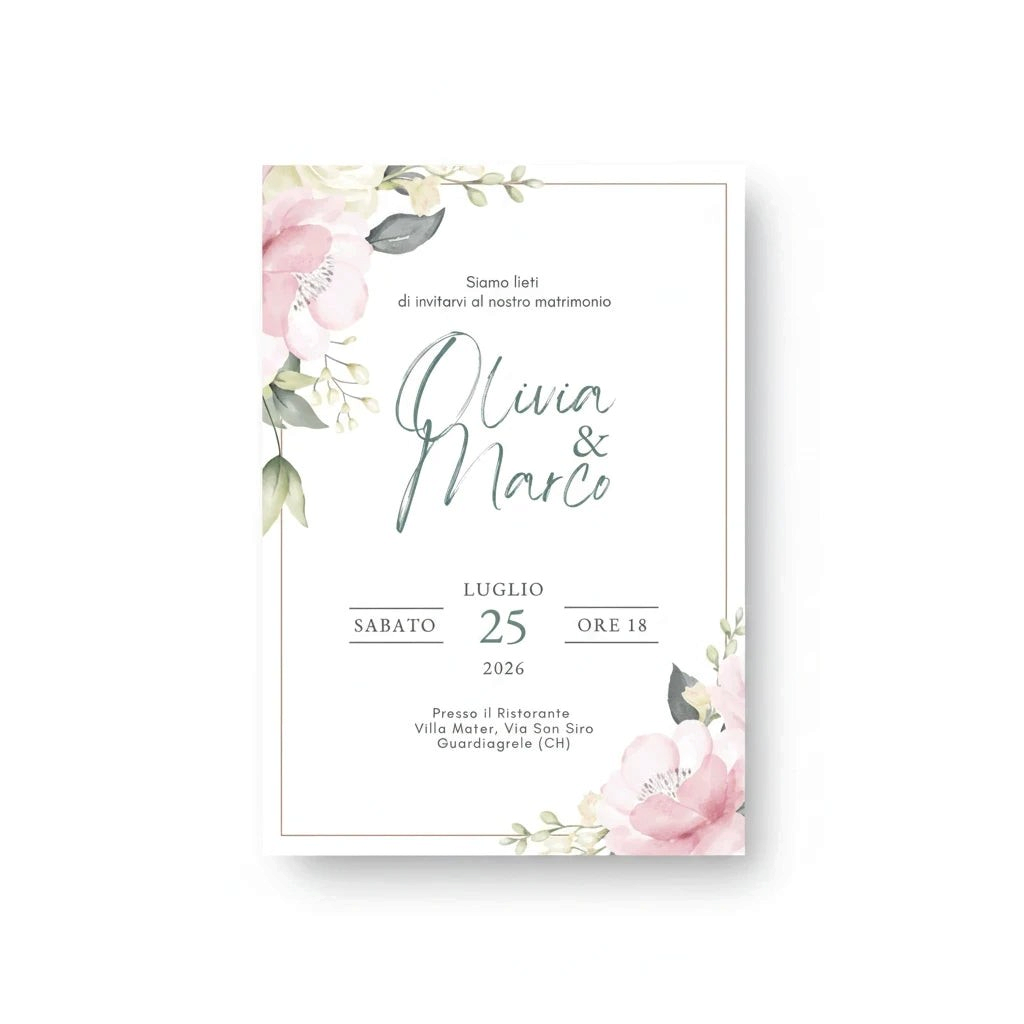 Partecipazione di nozze FotoGrafica con fiori acquerello rosa e foglie verdi su carta bianca elegante