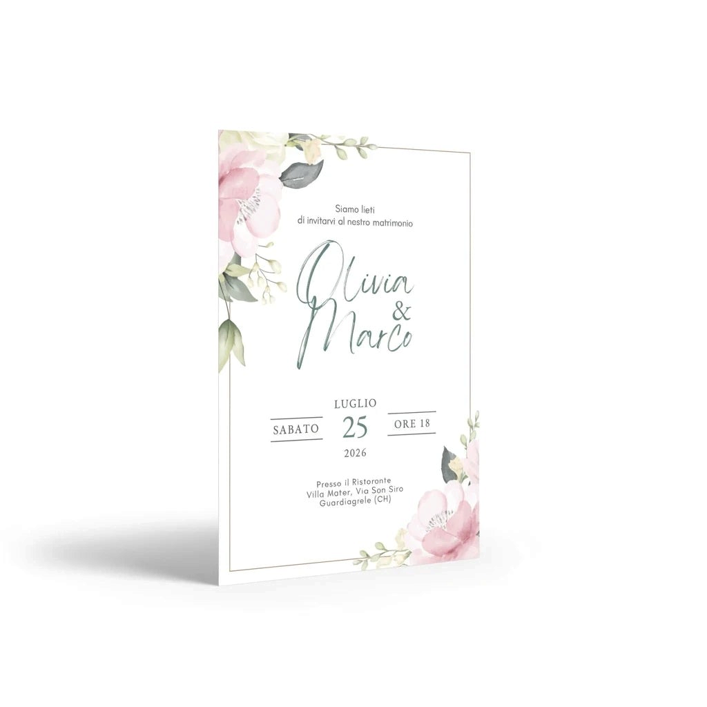 Partecipazione di nozze FotoGrafica con eleganti fiori acquerello rosa e dettagli in lamina dorata su carta bianca