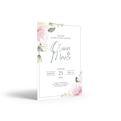 Partecipazione di nozze FotoGrafica con eleganti fiori acquerello rosa e dettagli in lamina dorata su carta bianca