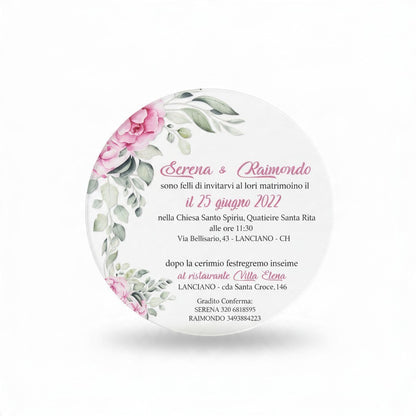 Partecipazione di nozze rotonda FotoGrafica con stampa floreale rosa e foglie verdi su sfondo bianco