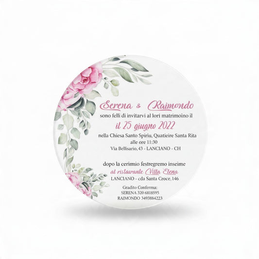 Partecipazione di nozze rotonda FotoGrafica con stampa floreale rosa e foglie verdi su sfondo bianco