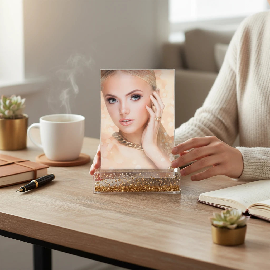 FotoGrafica photo globe verticale con base glitter dorati e fotografia personalizzata su scrivania