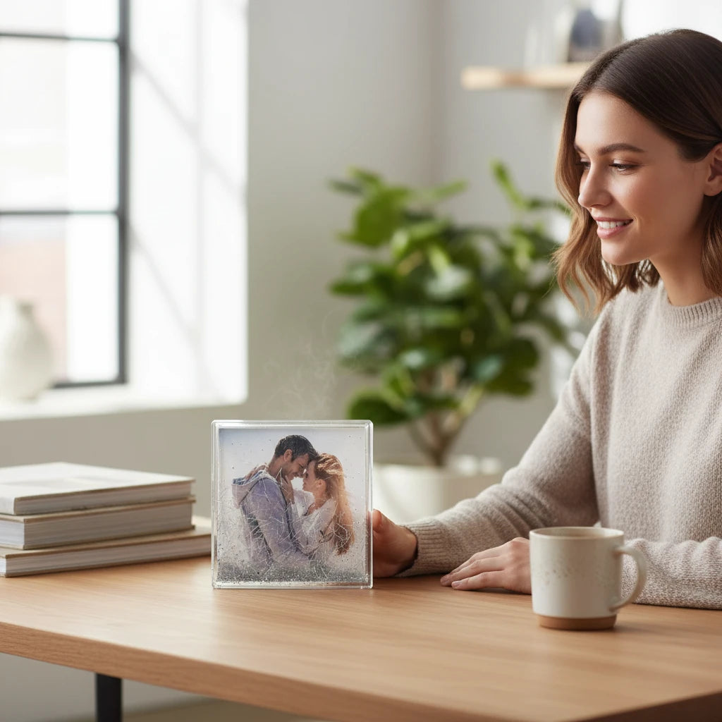 FotoGrafica Photo Globe Quadrato 10x10 con glitter e liquido, cornice personalizzata con foto di coppia su tavolo