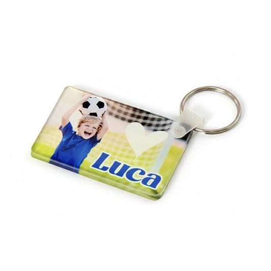 Portachiavi rettangolare personalizzato FotoGrafica con foto di bambino, pallone da calcio e nome Luca