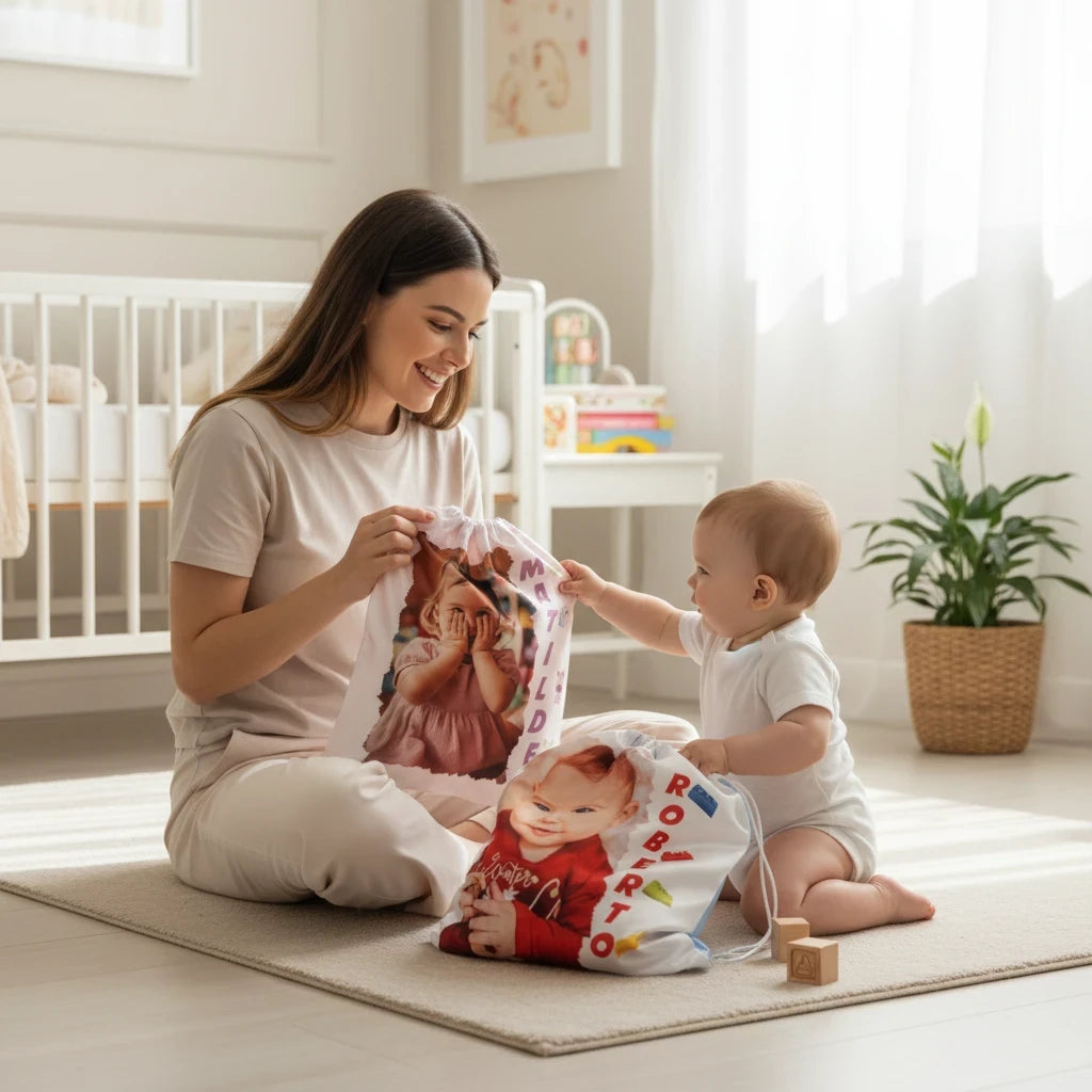 Mamma e bambino con sacca per cambio FotoGrafica personalizzata con foto e nome, ideale per asilo e nido