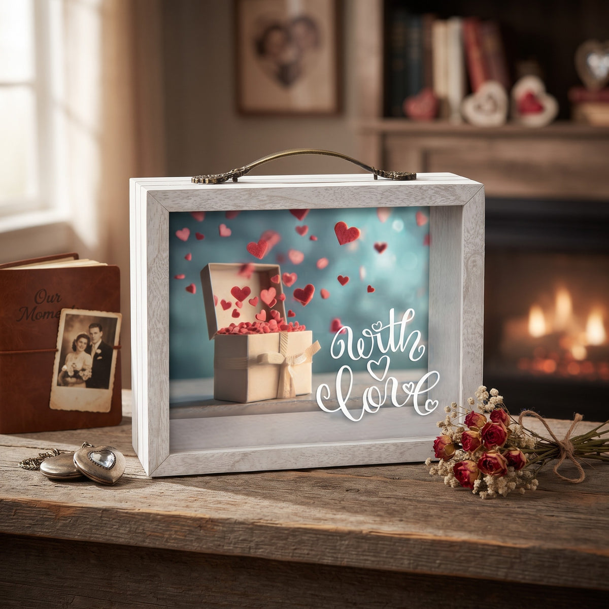 Salvadanaio FotoGrafica in legno bianco con frontale in vetro e scritta With Love, ideale per risparmi e regali
