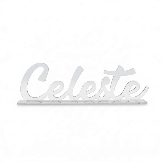 Scritta personalizzata FotoGrafica in plexiglass trasparente con nome Celeste, decorazione 3D da tavolo elegante.