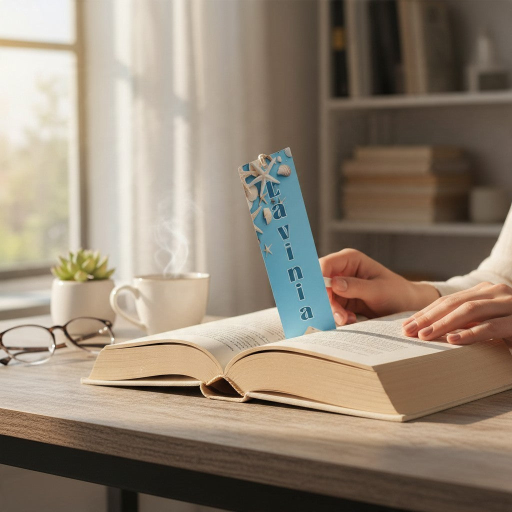 Segnalibro personalizzato FotoGrafica azzurro con conchiglie e nome Lavinia inserito in un libro aperto