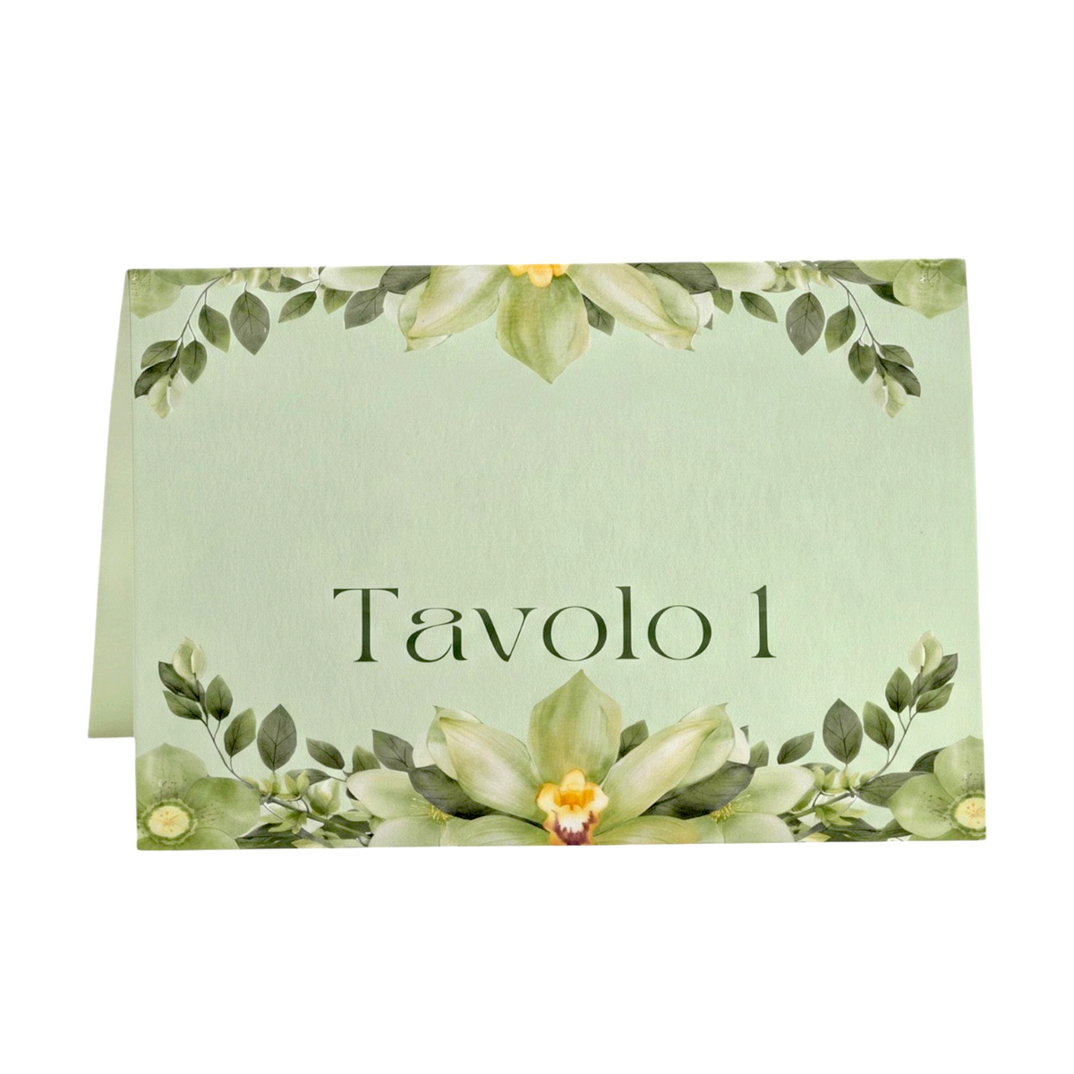 Segnaposto FotoGrafica per matrimonio con stampa floreale verde e orchidee su carta pregiata