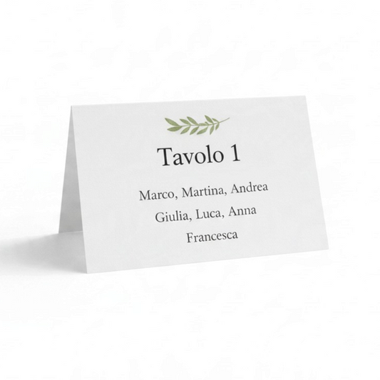 Segnaposto pieghevole personalizzato FotoGrafica con stampa di rametti verdi e nomi per organizzazione tavoli evento