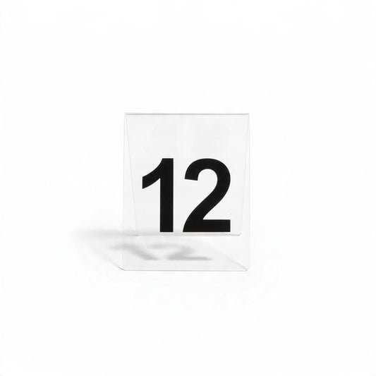 Segnatavolo numerato FotoGrafica in plexiglass trasparente con numero 12 nero per allestimento eventi