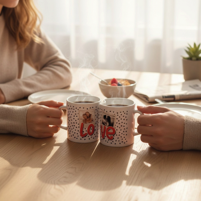 Set di due tazze FotoGrafica personalizzabili con manici a cuore, tenute da una coppia su un tavolo in legno.