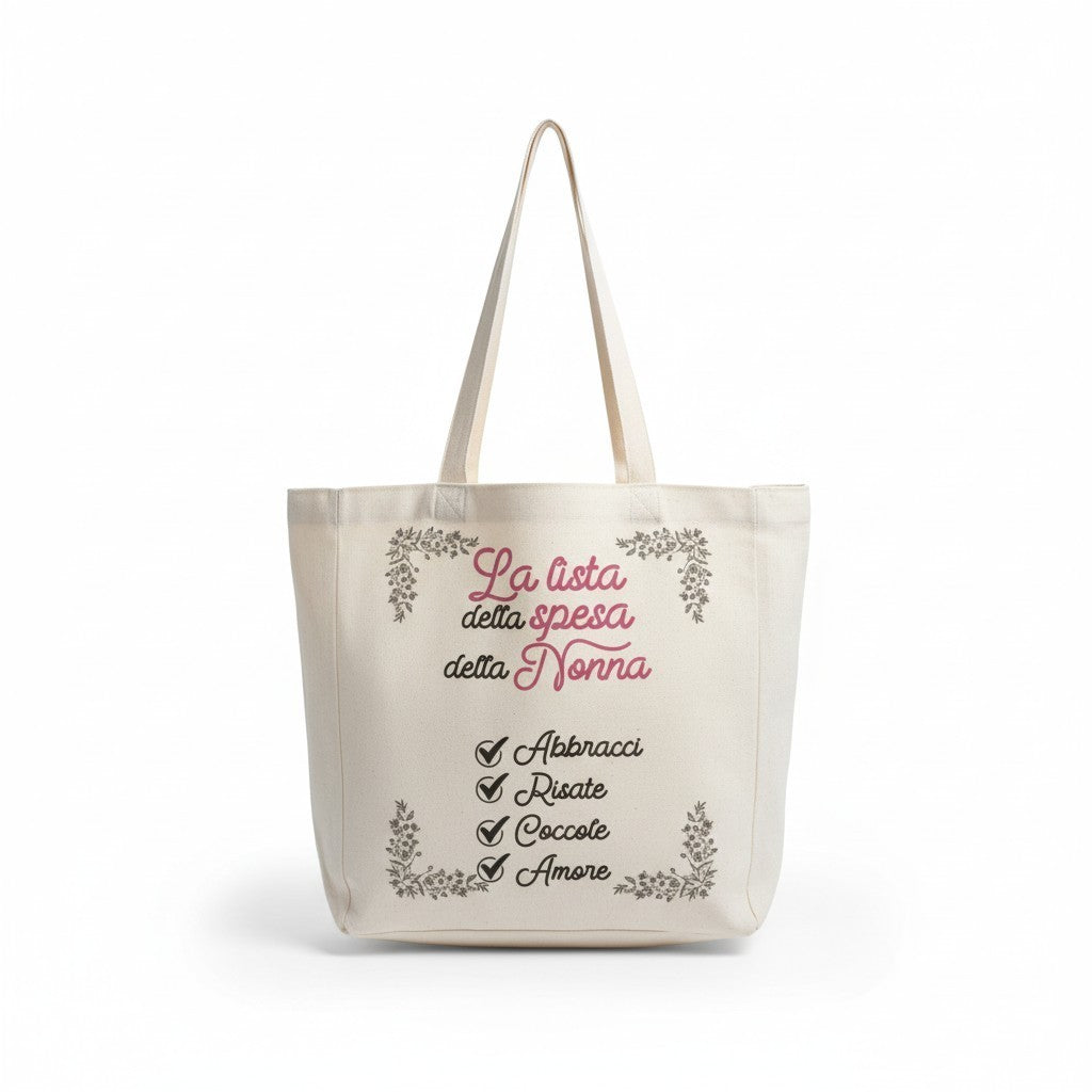 Shopper personalizzabile FotoGrafica in cotone color crema con stampa grafica dedicata alla lista della spesa nonna