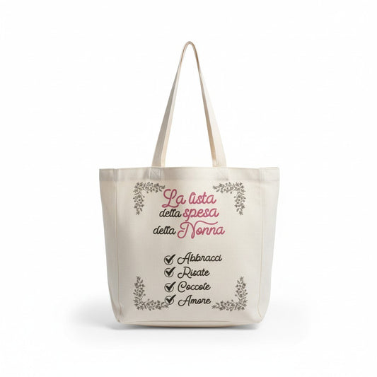 Shopper personalizzabile FotoGrafica in cotone color crema con stampa grafica dedicata alla lista della spesa nonna
