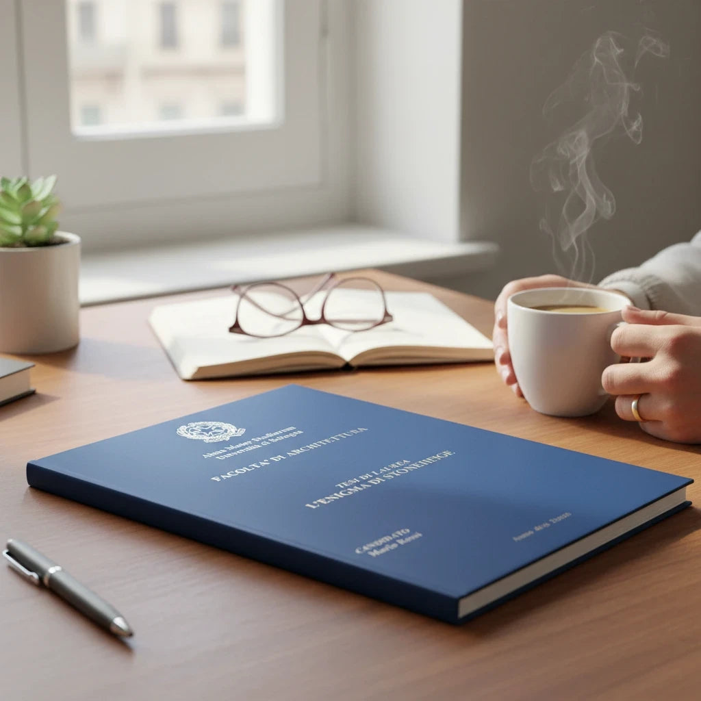 Tesi di laurea blu con stampa argento FotoGrafica su scrivania in legno con tazza di caffè e occhiali
