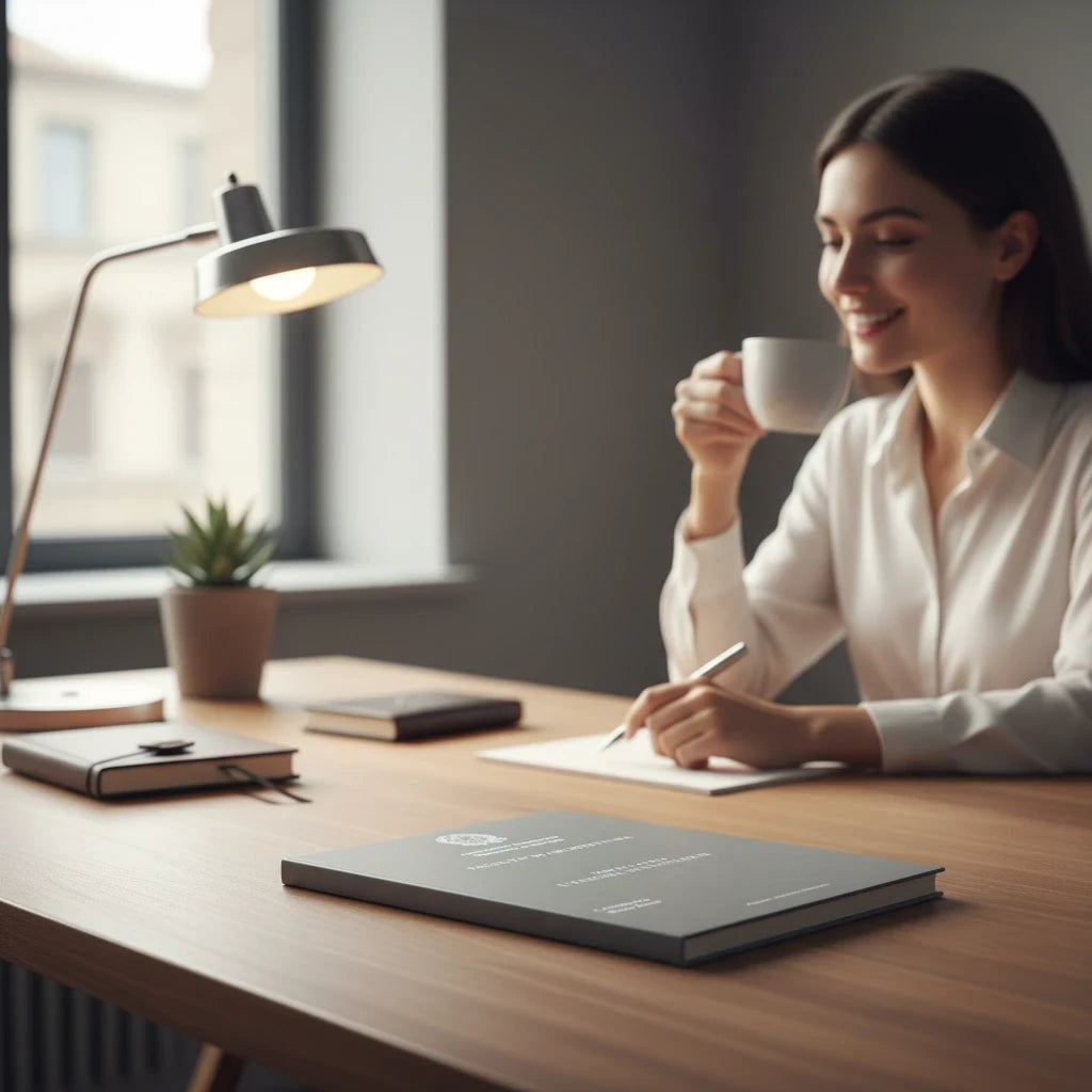 Tesi di laurea rilegata FotoGrafica su scrivania con studentessa che scrive e beve caffè in un ufficio luminoso