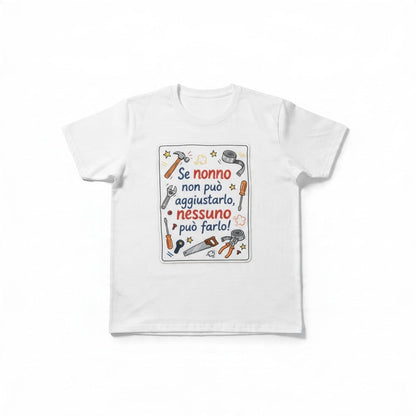 T-shirt bianca FotoGrafica con stampa personalizzata dedicata al nonno e disegni di attrezzi da lavoro colorati