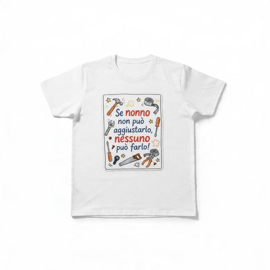 T-shirt bianca FotoGrafica con stampa personalizzata dedicata al nonno e disegni di attrezzi da lavoro colorati