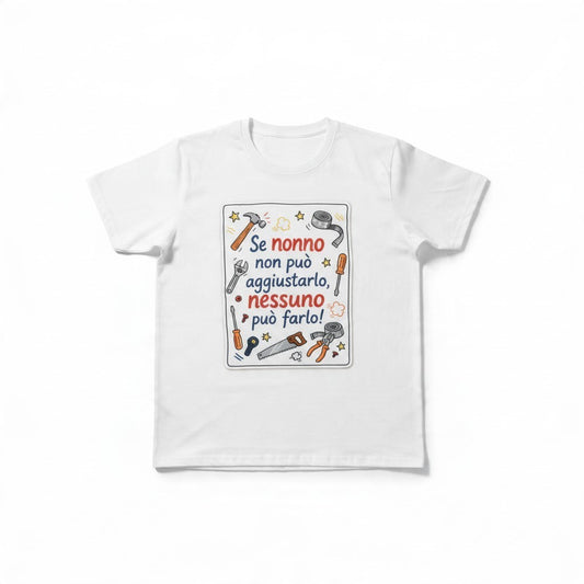 T-shirt bianca FotoGrafica con stampa personalizzata dedicata al nonno e disegni di attrezzi da lavoro colorati