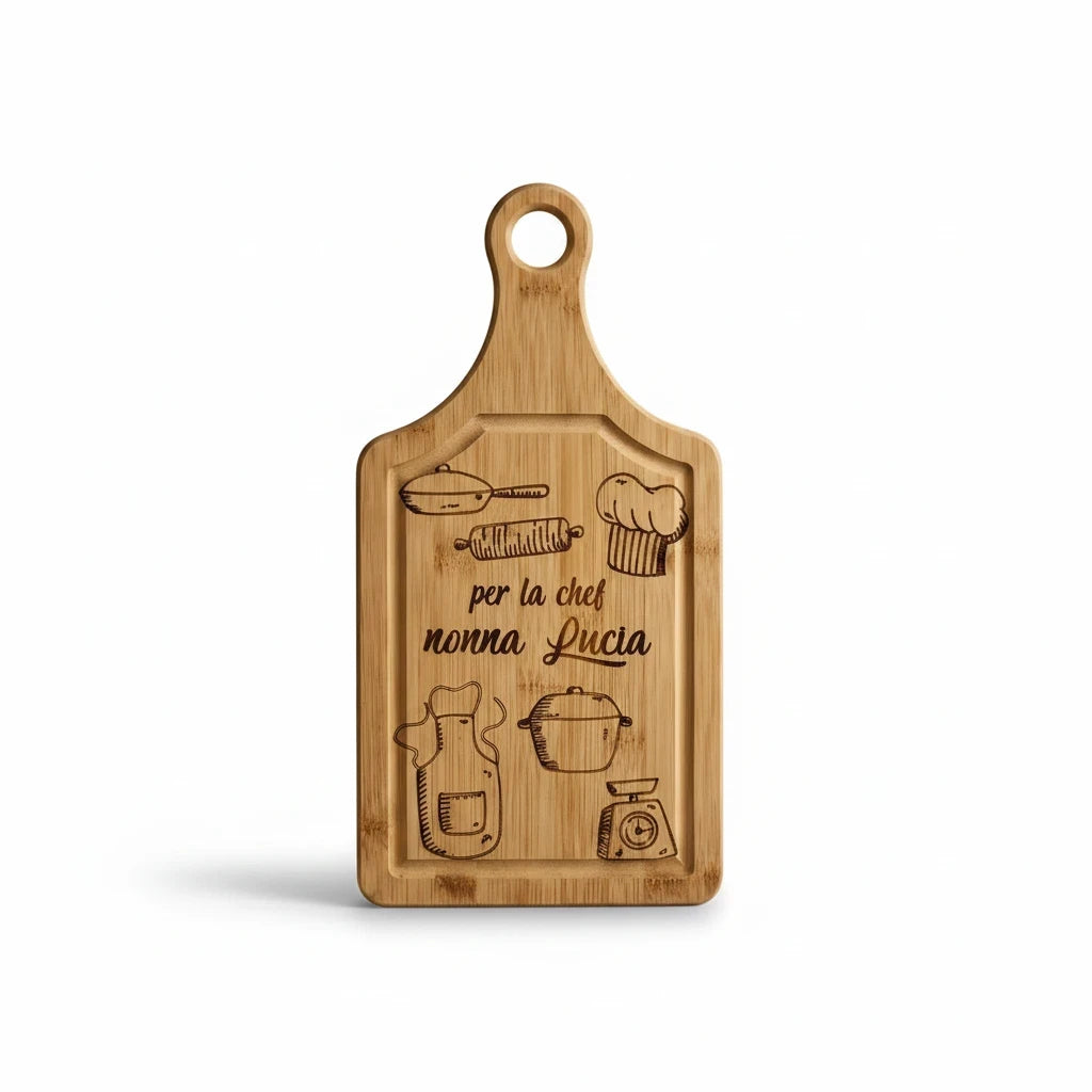 Tagliere in legno FotoGrafica personalizzato con incisione a tema cucina e dedica per la chef nonna Lucia