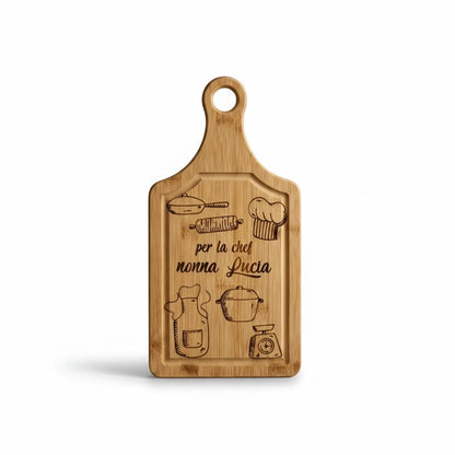 Tagliere in legno FotoGrafica personalizzato con incisione a tema cucina e dedica per la chef nonna Lucia