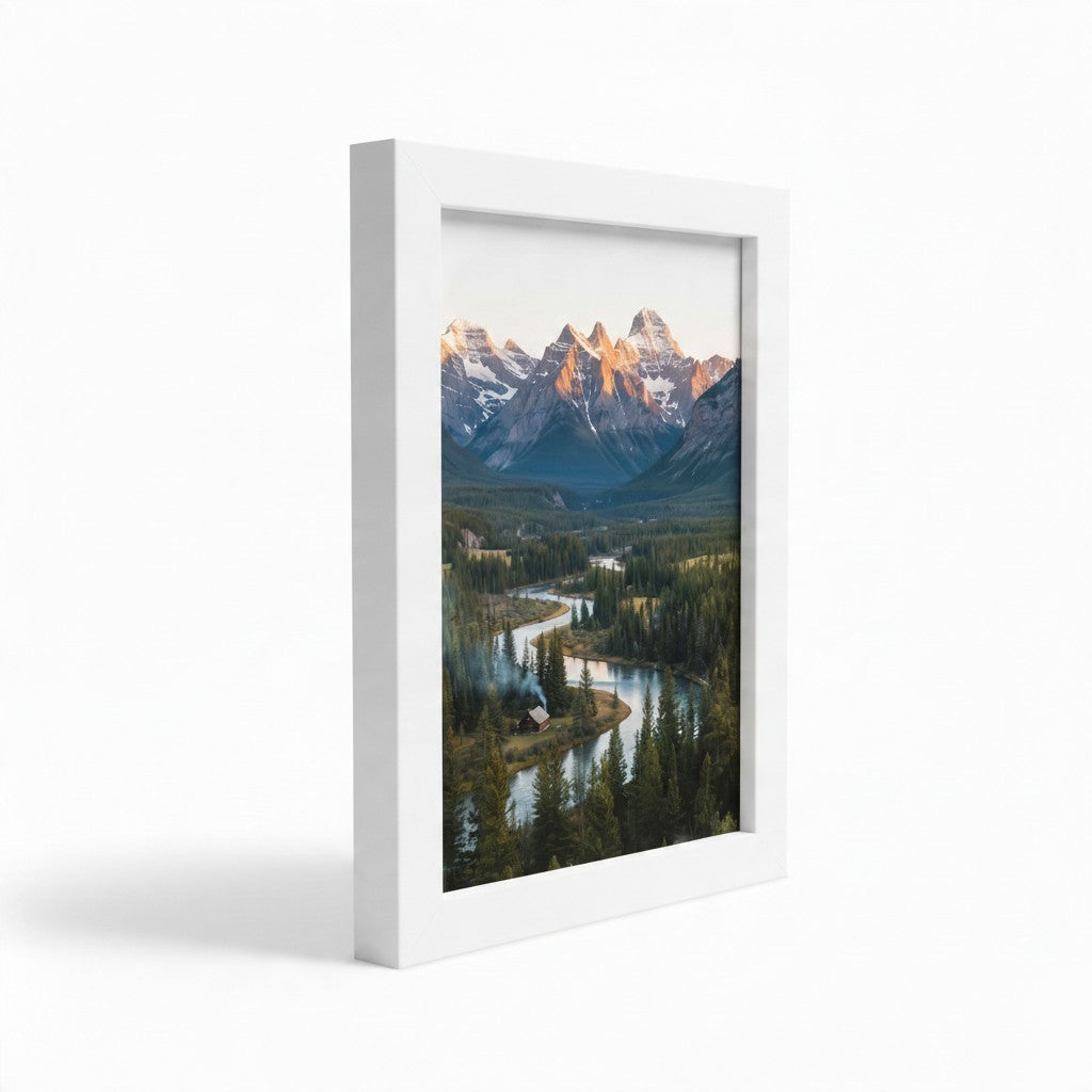 Targa cornice FotoGrafica bianca con biadesivo, mostra una stampa fotografica verticale di montagne e fiume al tramonto