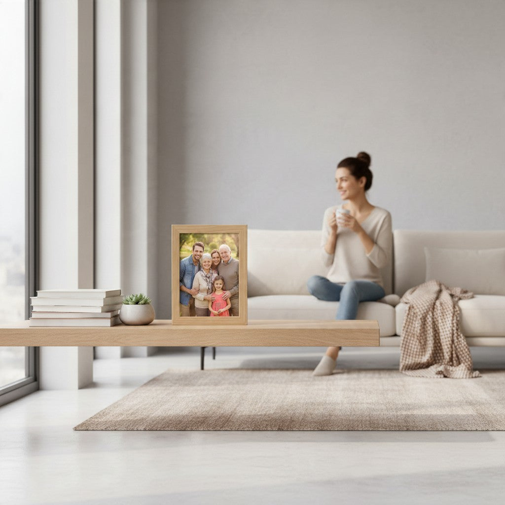 Targa cornice FotoGrafica in legno chiaro con foto di famiglia su tavolino moderno in un luminoso soggiorno