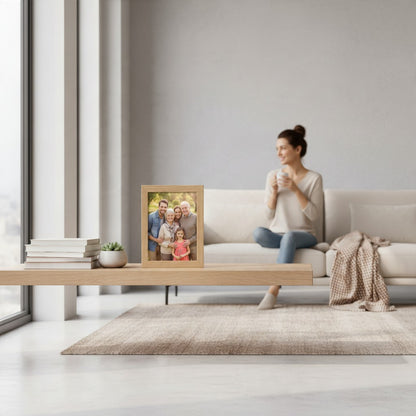 Targa cornice FotoGrafica in legno chiaro con foto di famiglia su tavolino moderno in un luminoso soggiorno