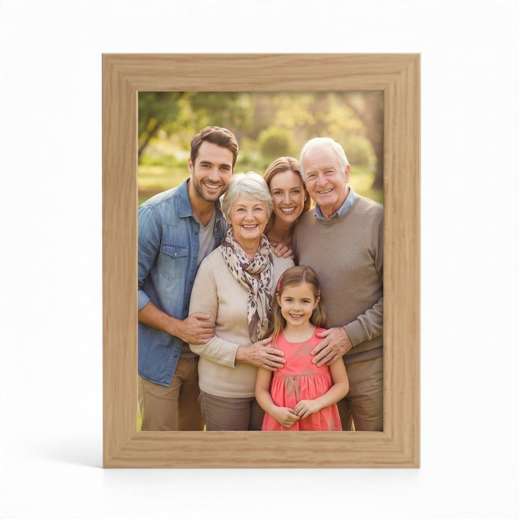 Targa cornice FotoGrafica in legno chiaro con foto di famiglia felice, ideale per arredamento moderno e raffinato.