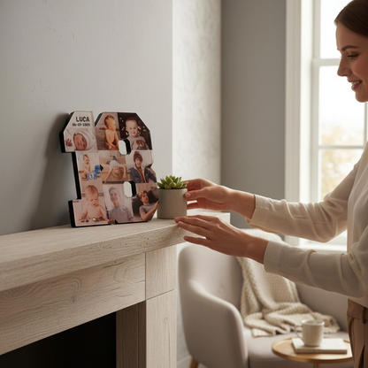 Targa decorativa numero 18 personalizzata con foto FotoGrafica posizionata su un camino in un ambiente domestico