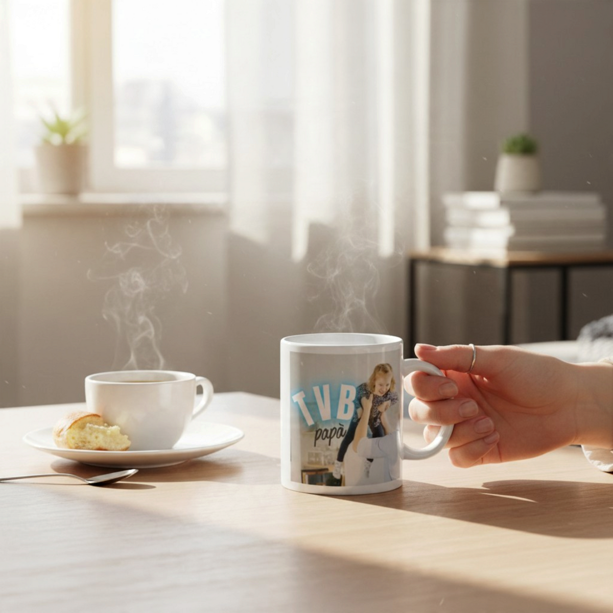 Tazza da colazione FotoGrafica personalizzata con foto di papà e figlia, ideale per un regalo unico e affettuoso.
