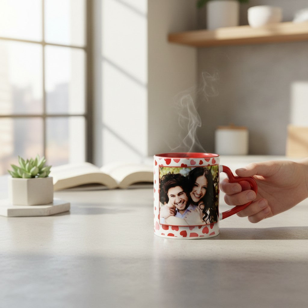 Tazza FotoGrafica bianca con manico a cuore rosso e stampa fotografica di una coppia, ideale per regali romantici.