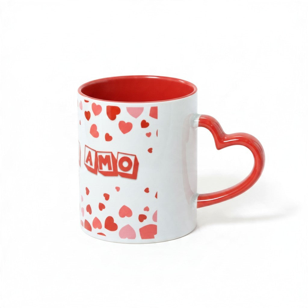 Tazza FotoGrafica bianca in ceramica con manico rosso a forma di cuore e stampa romantica con cuoricini
