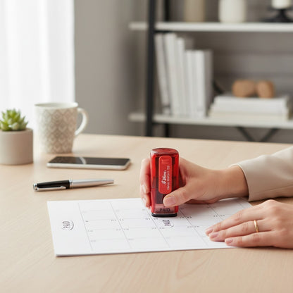 Mano che usa un timbro autoinchiostrante rosso FotoGrafica su un calendario cartaceo in un ufficio moderno