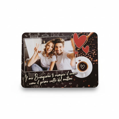 Tovaglietta colazione personalizzabile FotoGrafica in cotone con foto di coppia, cuori rossi e scritta romantica