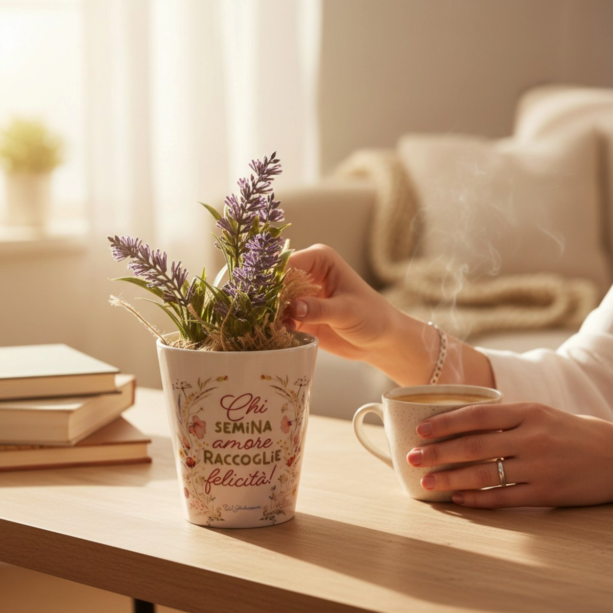 Vaso d'arredo personalizzabile FotoGrafica con fiori di lavanda e scritta decorativa su tavolo in legno