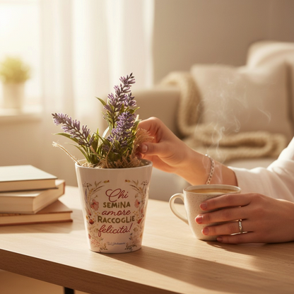 Vaso d'arredo personalizzabile FotoGrafica con fiori di lavanda e scritta decorativa su tavolo in legno