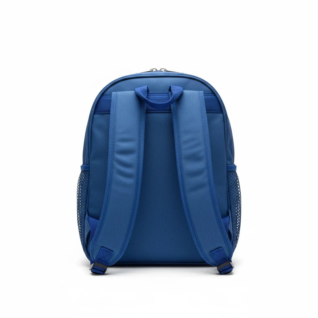 Vista posteriore dello zainetto per asilo FotoGrafica blu con spallacci imbottiti e tasche laterali in rete
