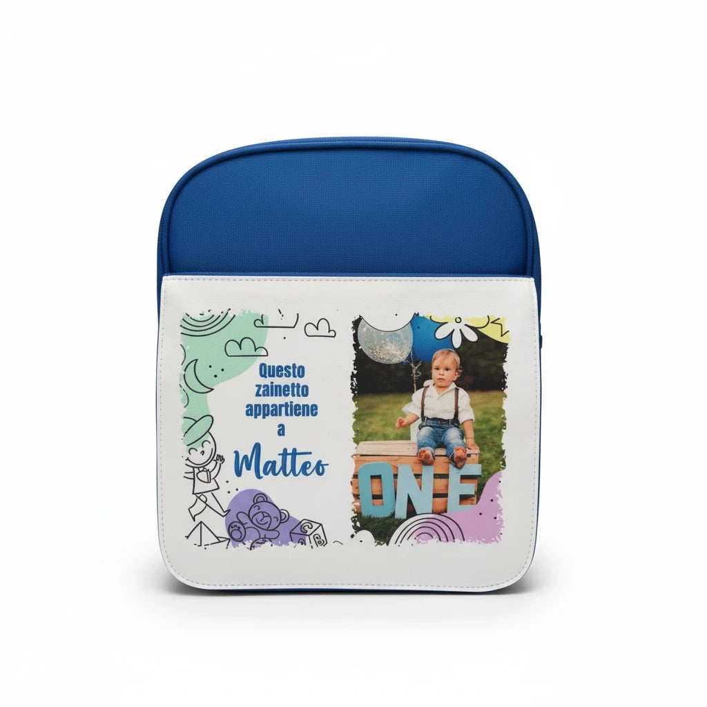 Zainetto per asilo FotoGrafica blu con pannello personalizzato, foto del bambino, nome Matteo e grafiche colorate