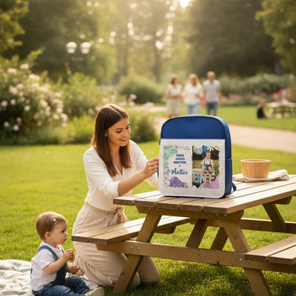 Zainetto per asilo FotoGrafica blu con pannello personalizzabile con foto e nome, ideale per bambini all'aperto
