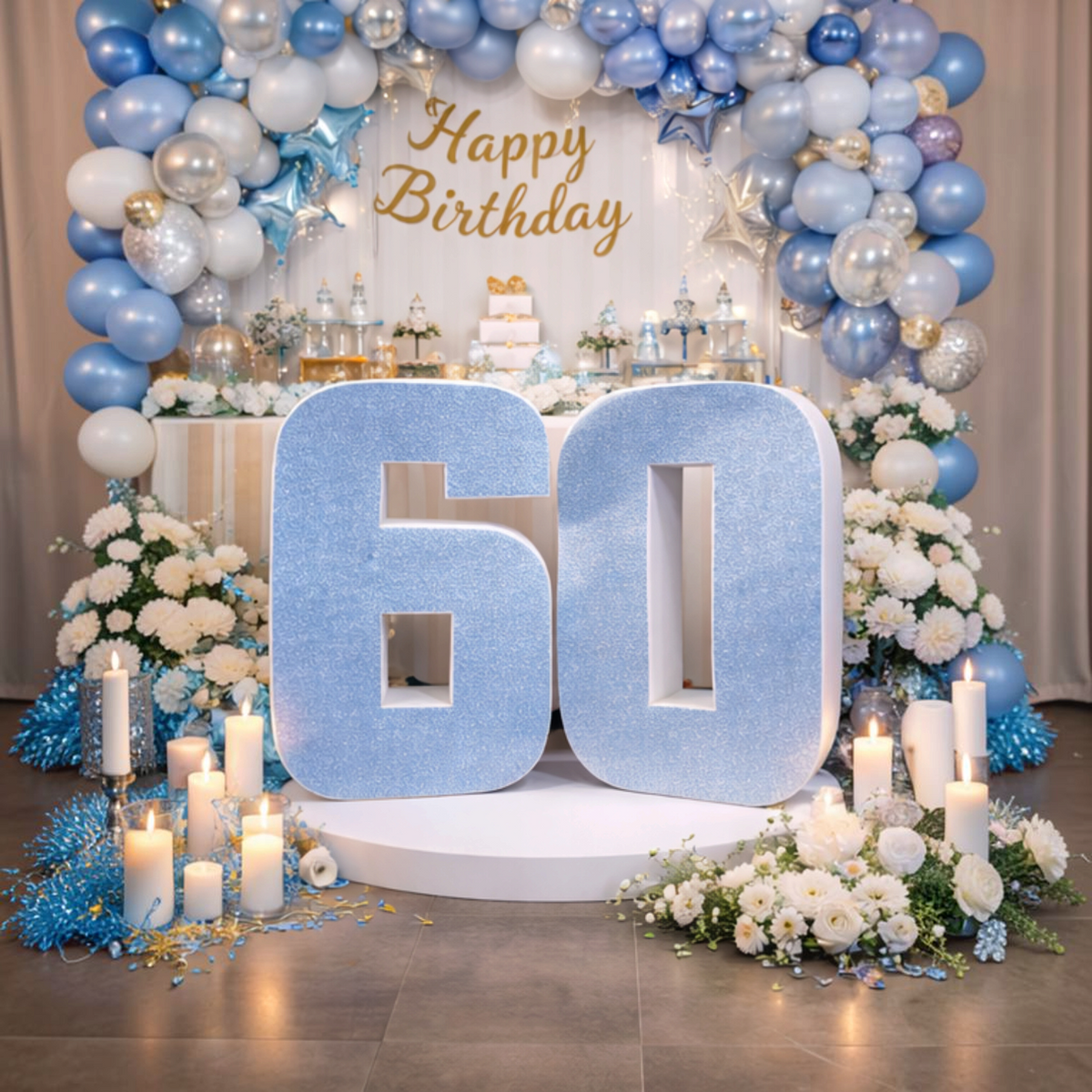 Scritta personalizzata 60 glitterata azzurra FotoGrafica per allestimento compleanno con palloncini e fiori